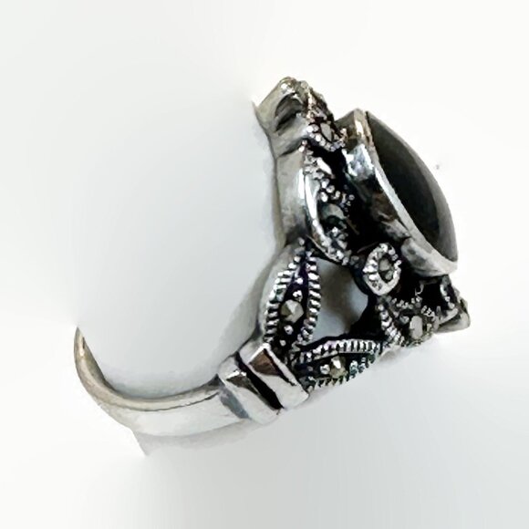 Vintage Black Onyx Ring: Sterling Silver Marcasite Art Deco Style - Picture 3 of 4
